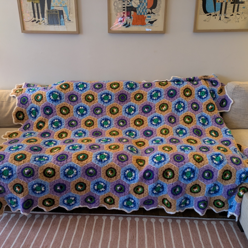 Handmade Vintage Crochet Hexagon Afghan Blanket 76”x59”Multi Boho Granny Throw